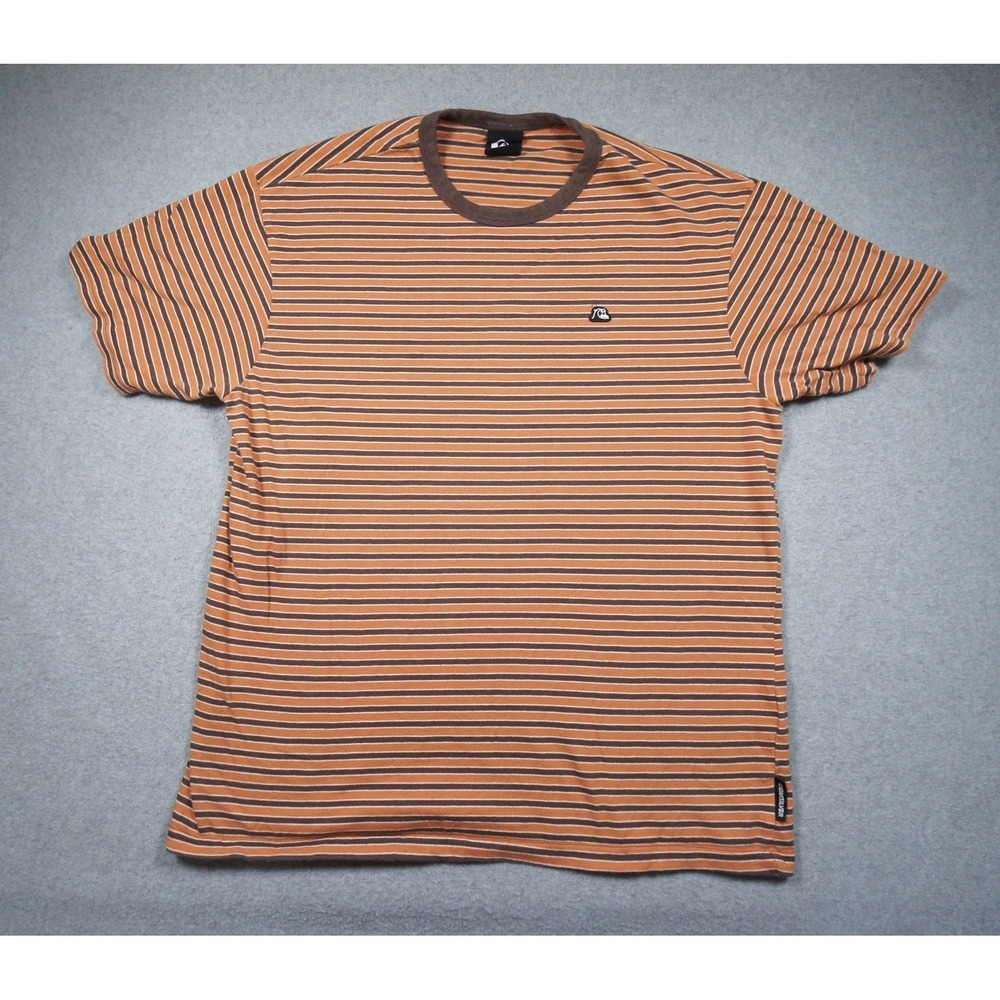 Quiksilver Shirt Mens Large Orange Striped Surf Skate Beach Short Sleeve Tee